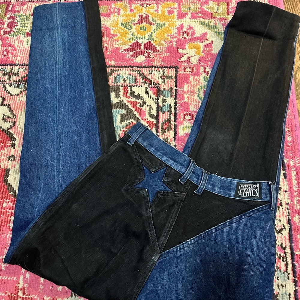 Blue and Black Straight Leg Two-Tone Jeans